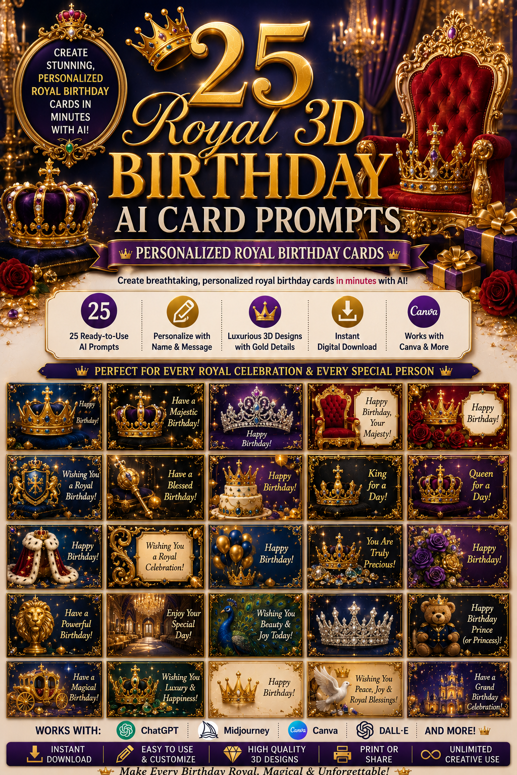 Digital 3D Royalty Luxury Birthday Card Prompts – 25 AI Prompts for Personalized Royal Birthday Greeting Cards | Canva, ChatGPT & Midjourney