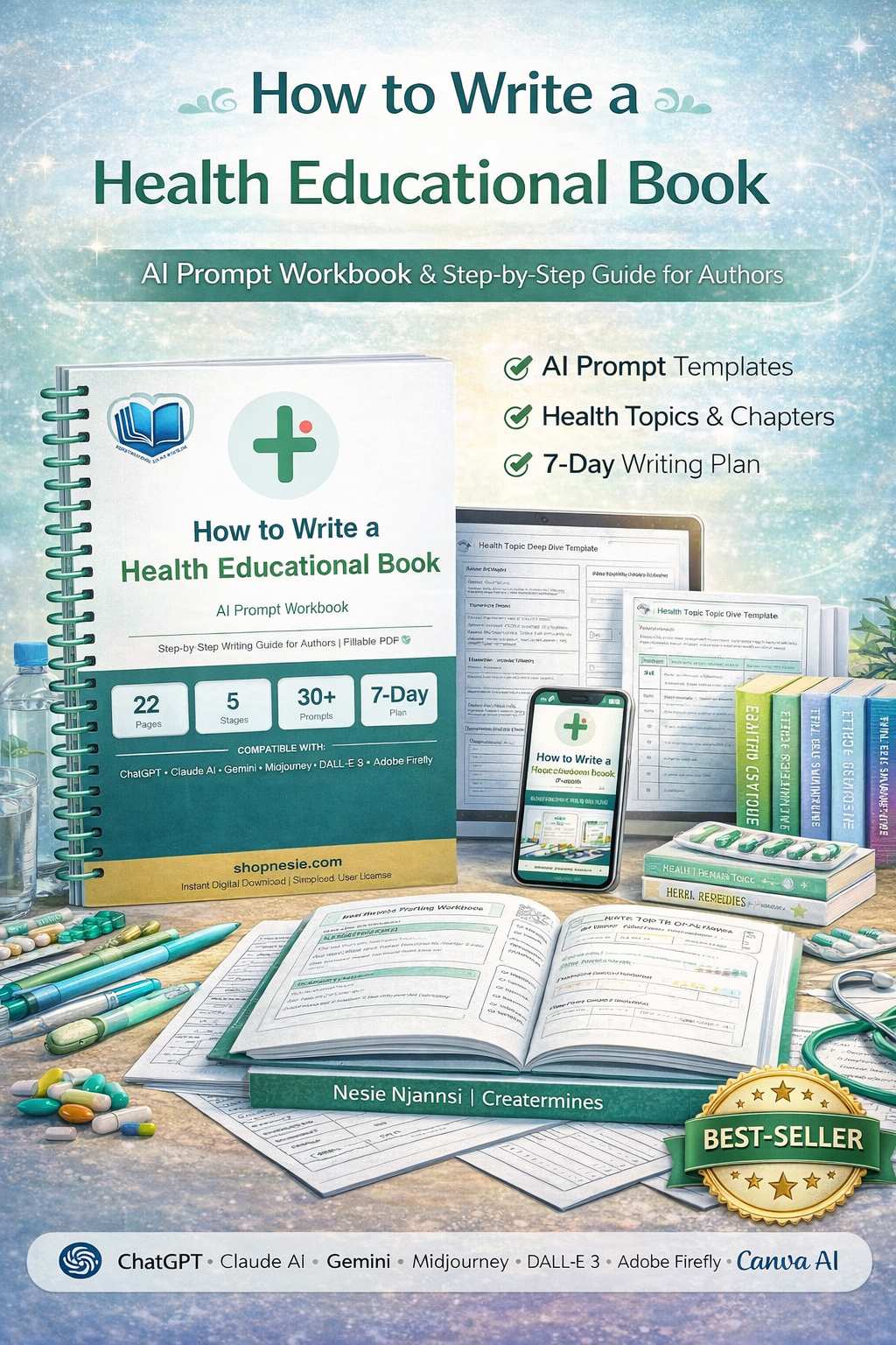 How to Write a Health Educational Book — AI Prompt Workbook | Step-by-Step Writing Guide for Authors | Fillable PDF | Reader Profile, Chapter Templates & Publishing Checklist