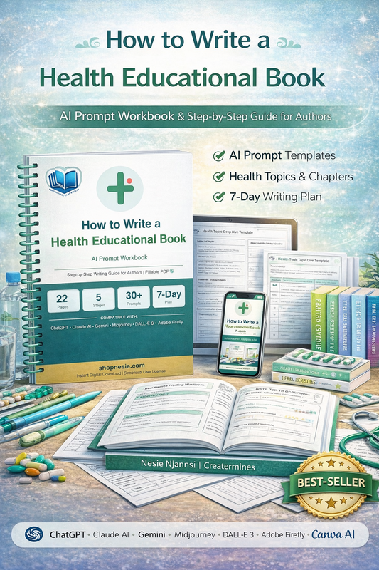 How to Write a Health Educational Book — AI Prompt Workbook | Step-by-Step Writing Guide for Authors | Fillable PDF | Reader Profile, Chapter Templates & Publishing Checklist