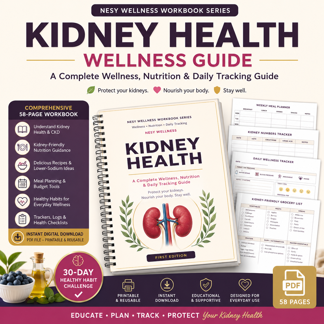 Kidney Health Wellness Guide – 58-Page Nutrition, Meal Planning & Health Tracker PDF