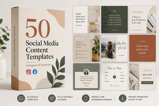 50 Instagram & Facebook Templates | Social Media Content Pack | Canva Templates for Small Business | Editable Posts Stories Carousels