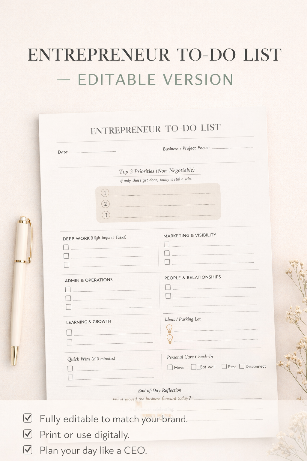 Editable Canva Entrepreneur To-Do List Template – Daily Task Planner for Small Business Owners