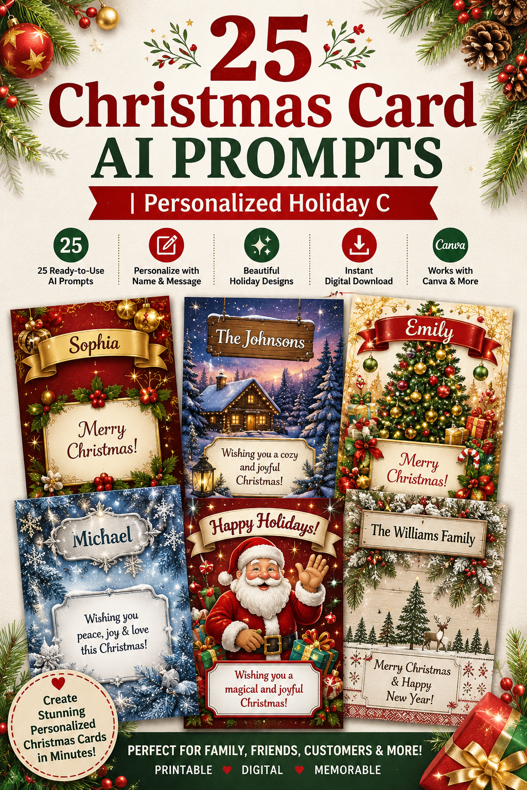 Digital Christmas Card Prompts – 25 AI Prompts for Personalized Holiday Greeting Cards | Canva, ChatGPT & Midjourney