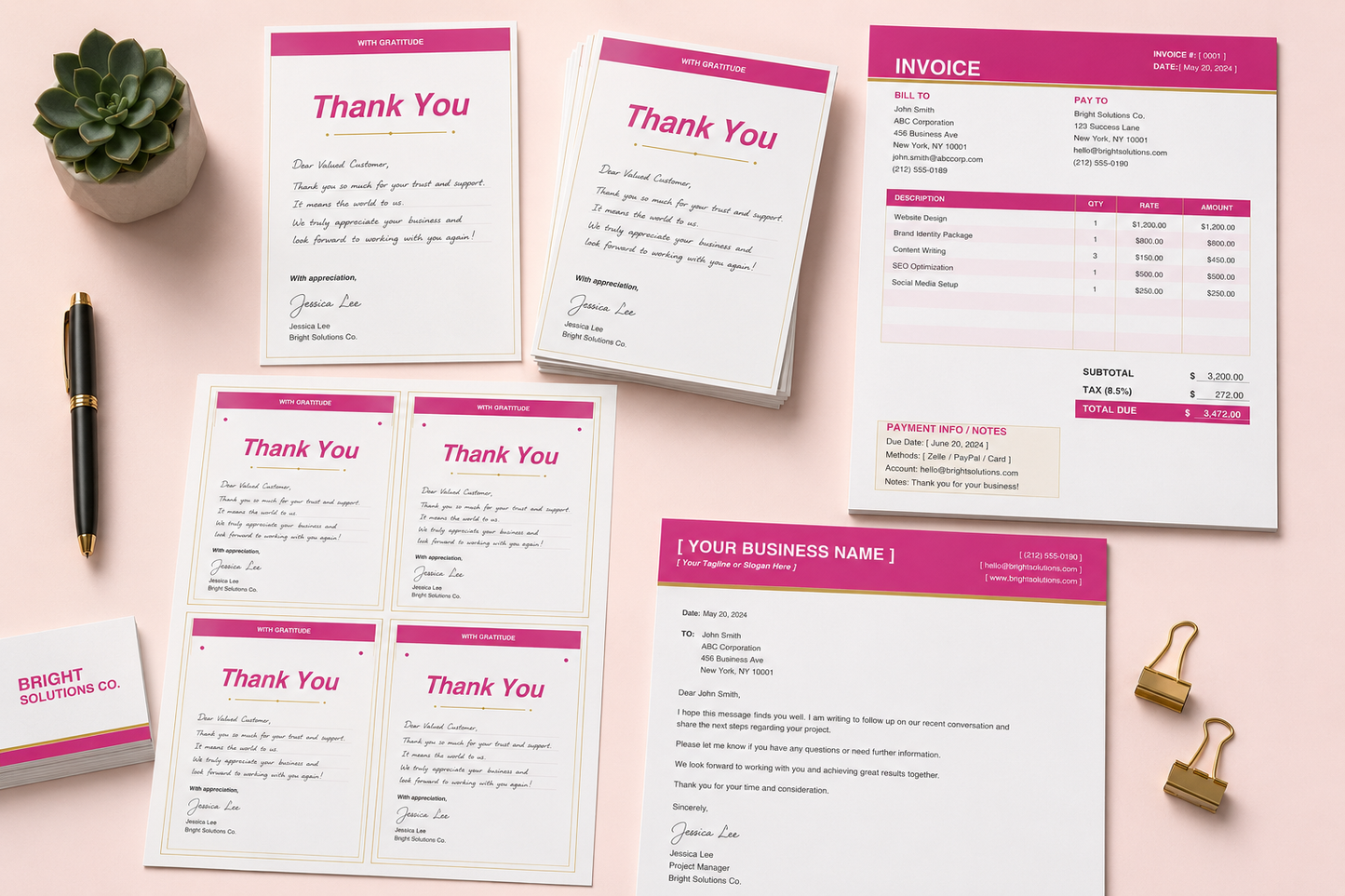 Editable Pink Invoice Template Bundle | Canva Business Letterhead, Invoice & Thank You Cards | Small Business Stationery Set