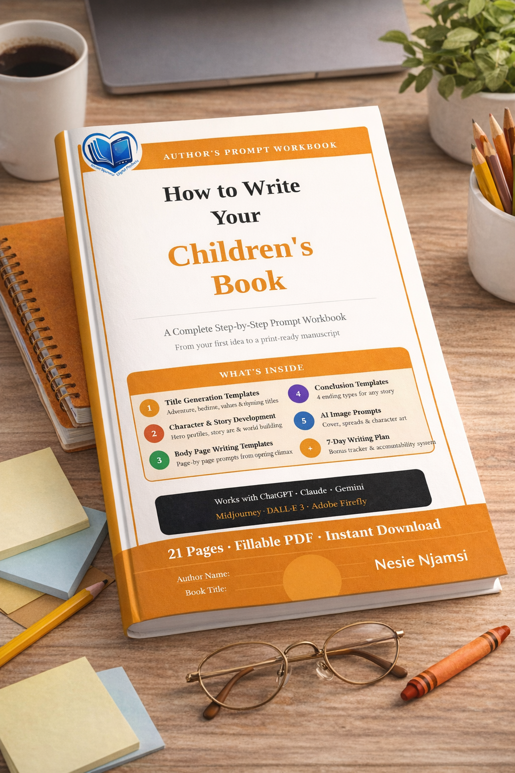How to Write a Children's Book — AI Prompt Workbook | Step-by-Step Writing Guide for Authors | Fillable PDF | Title, Character, Story & Illustration Templates