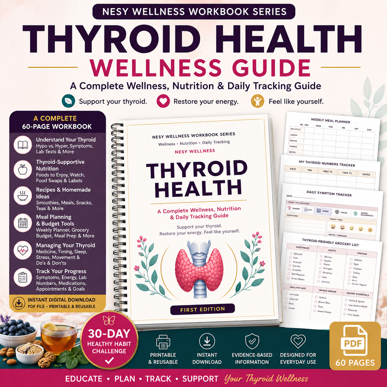 Thyroid Health Wellness Guide – 60-Page Nutrition, Symptom Tracker & Meal Planning PDF