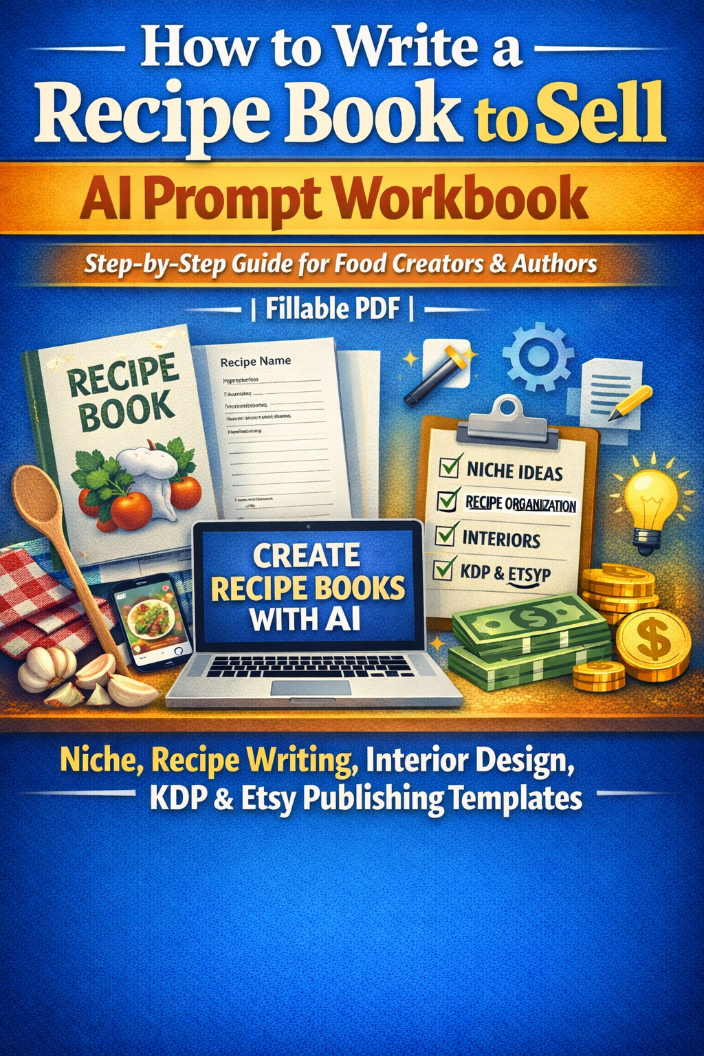 How to Write a Recipe Book to Sell — AI Prompt Workbook | Step-by-Step Guide for Food Creators & Authors | Fillable PDF | Niche, Recipe Writing, Interior Design, KDP & Etsy Publishing Templates