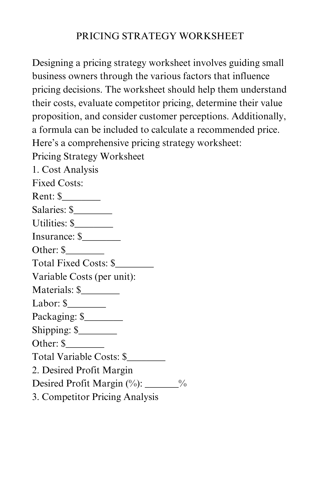 PRICING STRATEGY WORKSHEET