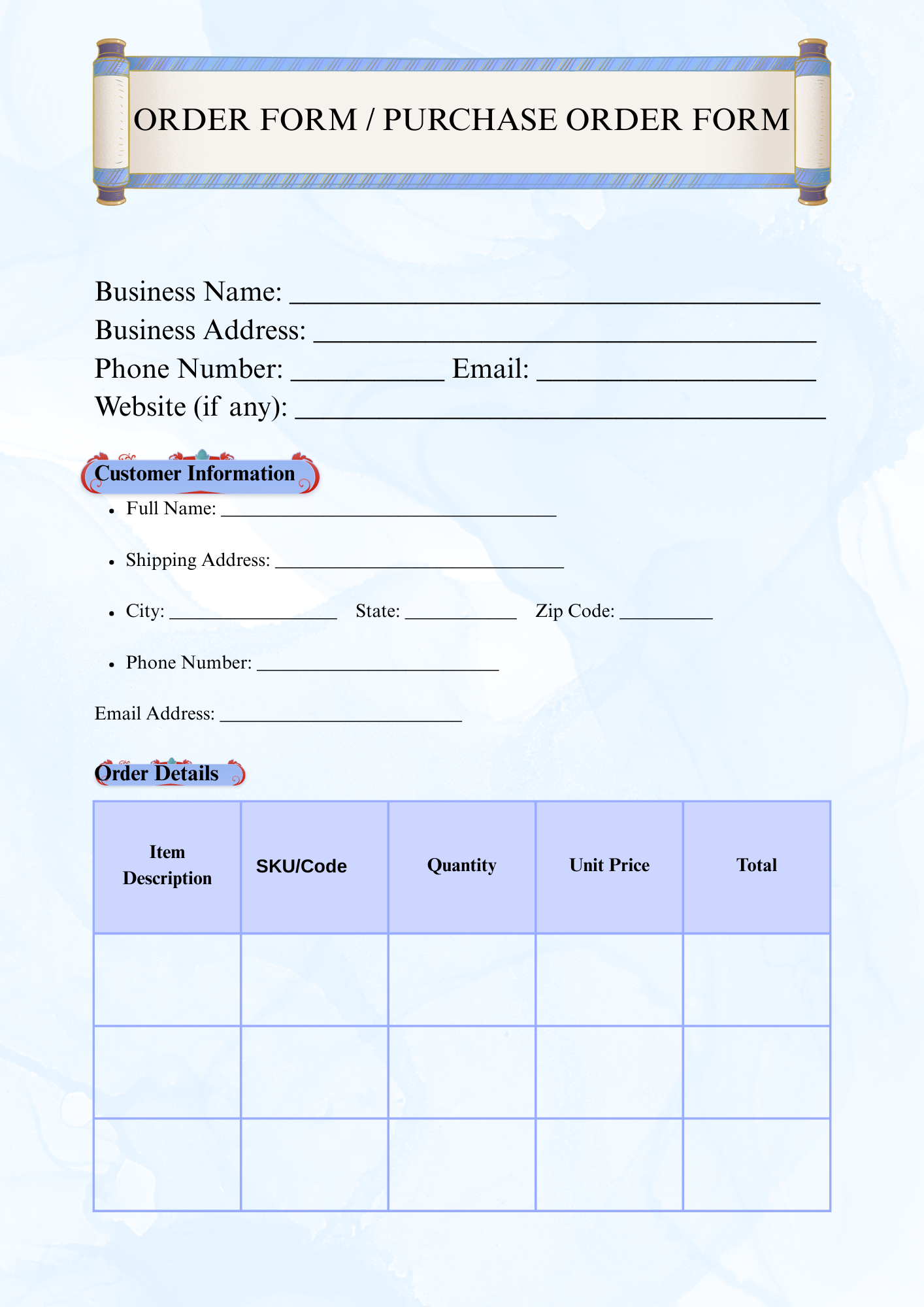 ORDER FORM / PURCHASE ORDER FORM