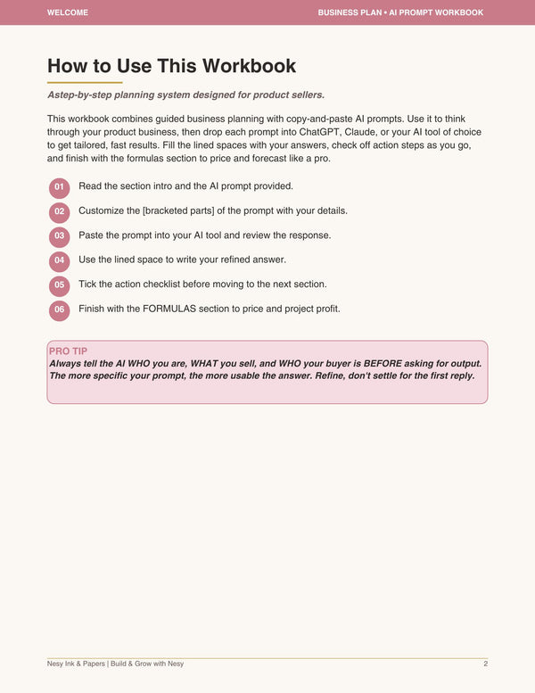 Inside pages of the ShopNesie Business Plan Workbook