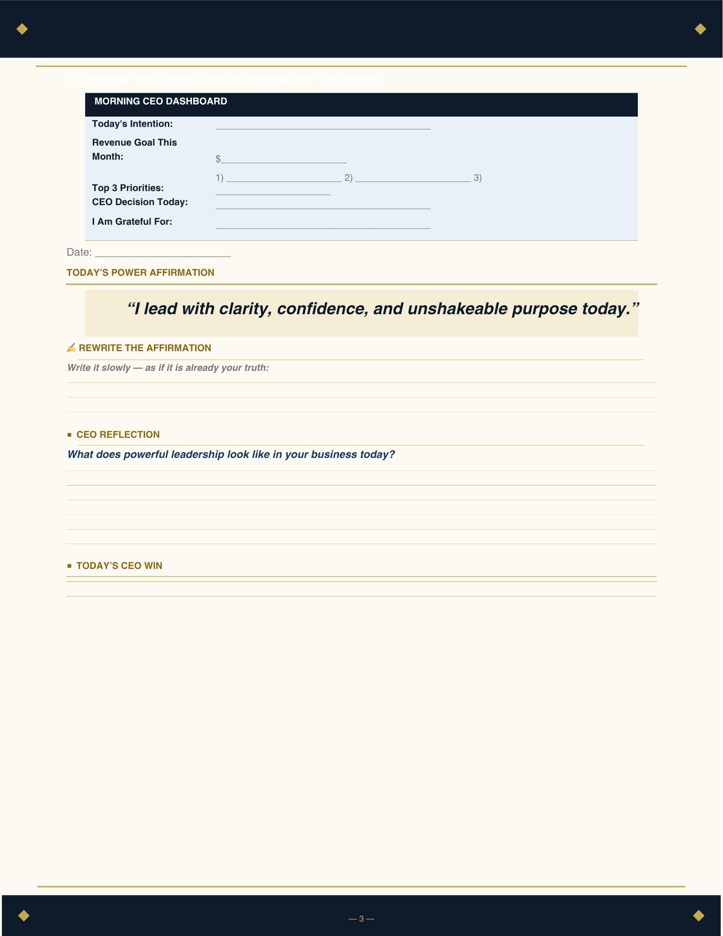 CEO Morning Power Journal — 365-Day Printable Affirmation Journal for Entrepreneurs & Small Business Owners | Daily Mindset, Revenue Goals & Leadership Planner | PDF Instant Download