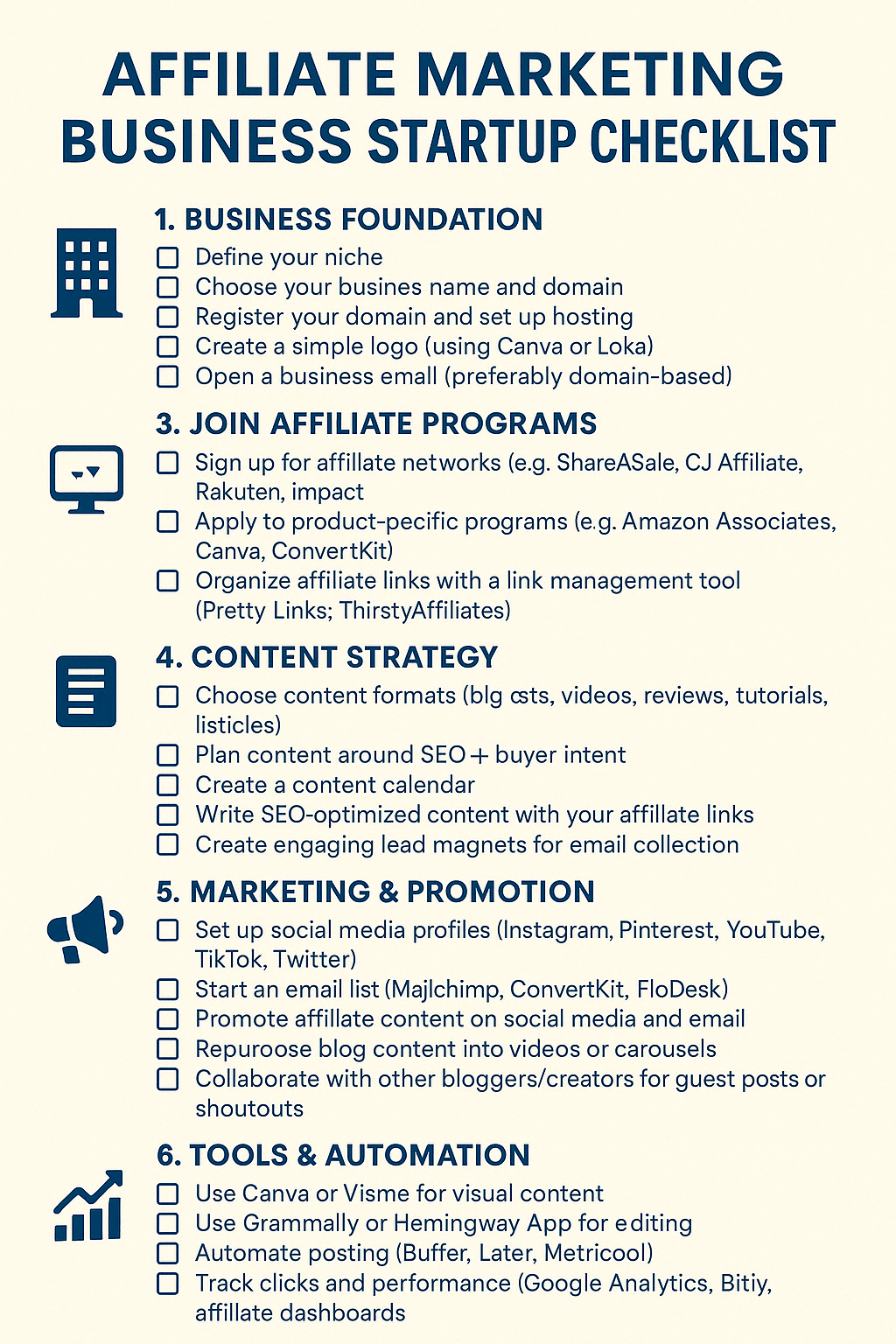 AFFILIATE MARKETING BUSINESS STARTUP CHECKLIST