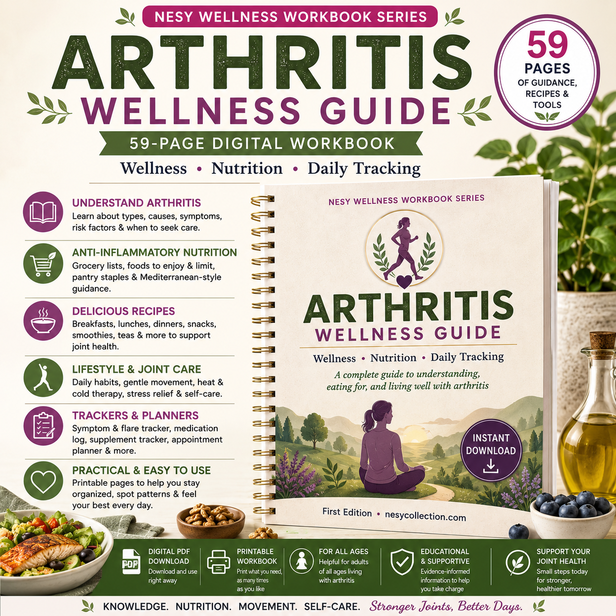 Arthritis Wellness Guide & Workbook | 59-Page Joint Health, Anti-Inflammatory Recipes, Trackers & Planner PDF