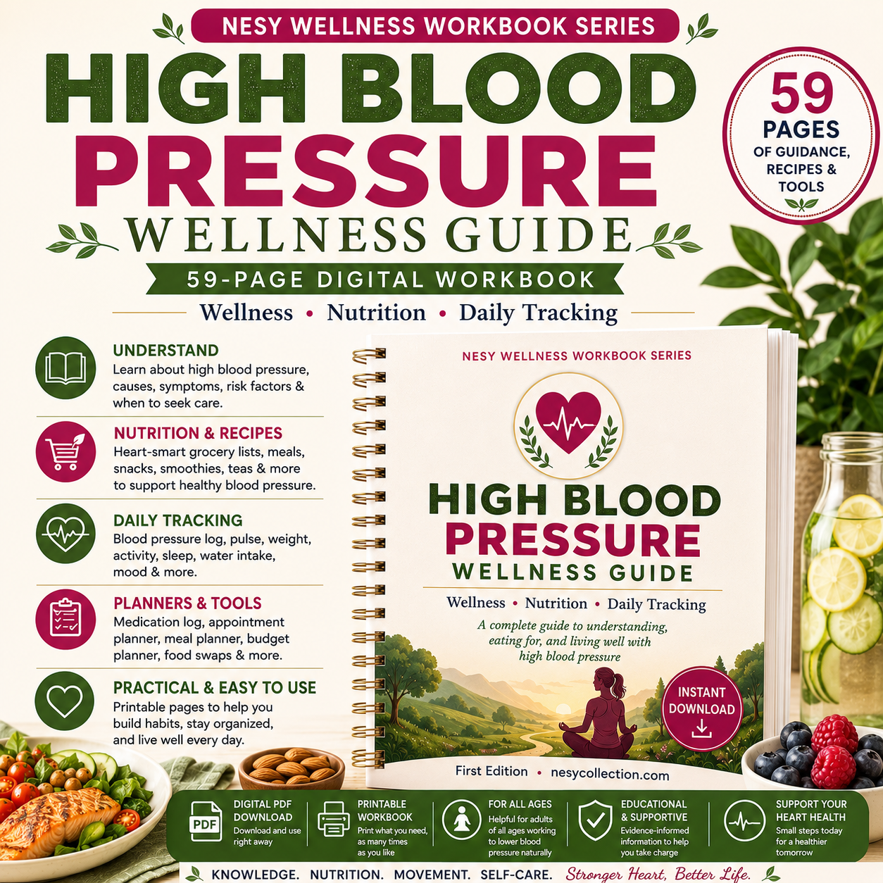 High Blood Pressure Wellness Guide & Workbook | 59-Page Blood Pressure Tracker, DASH Nutrition, Recipes & Meal Planner PDF