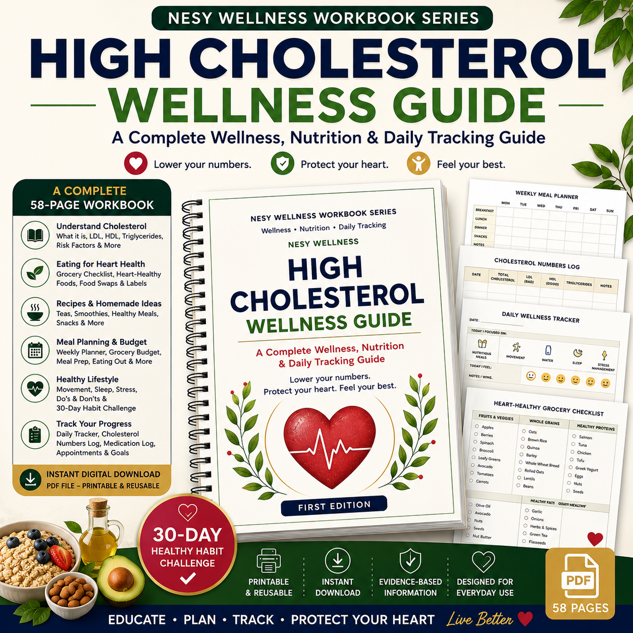 High Cholesterol Wellness Guide – 58-Page Heart Health, Nutrition & Cholesterol Tracker PDF