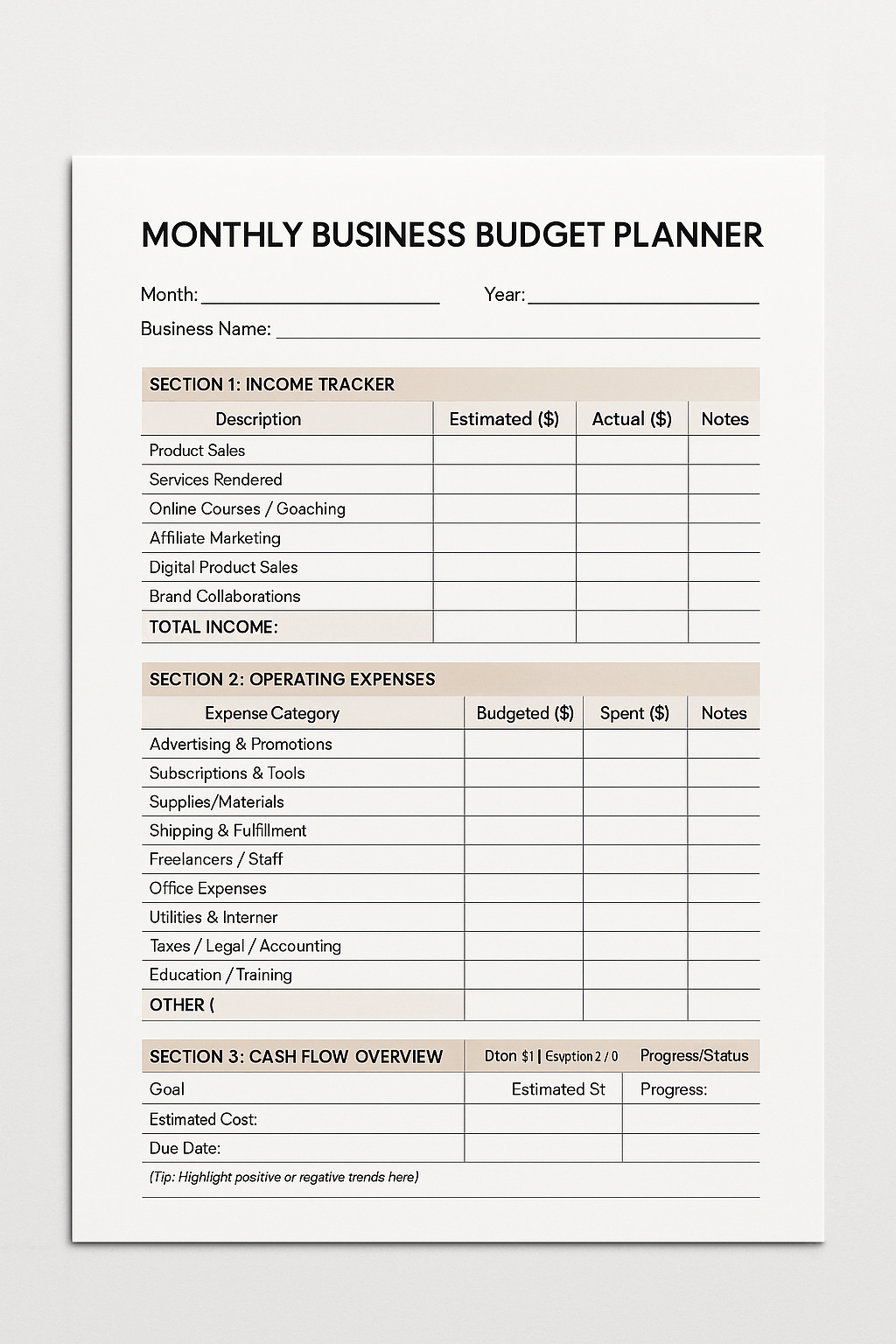 BUSINESS BUDGET PLANNER TEMPLATE
