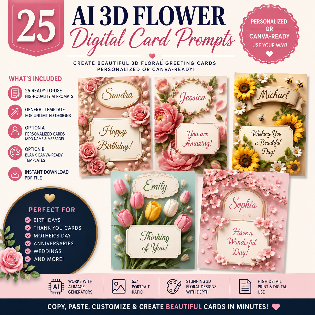 25 AI 3D Flower Digital Card Prompts | Create Beautiful Personalized Greeting Cards