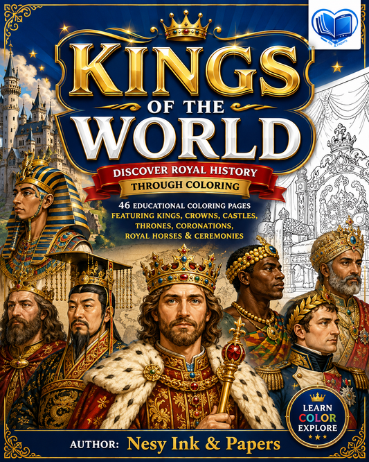 Kings of the World Coloring Book for Kids | 46 Educational Royal Coloring Pages | Castles, Crowns & Coronations