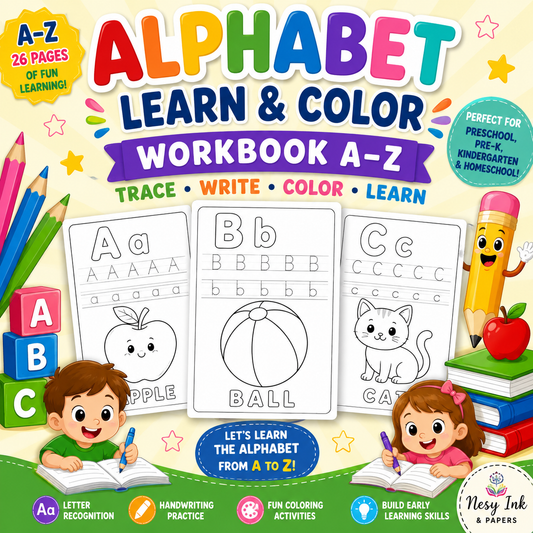 Alphabet Learn & Color Workbook A–Z | Printable Letter Tracing & Coloring Pages for Preschool, Kindergarten & Homeschool
