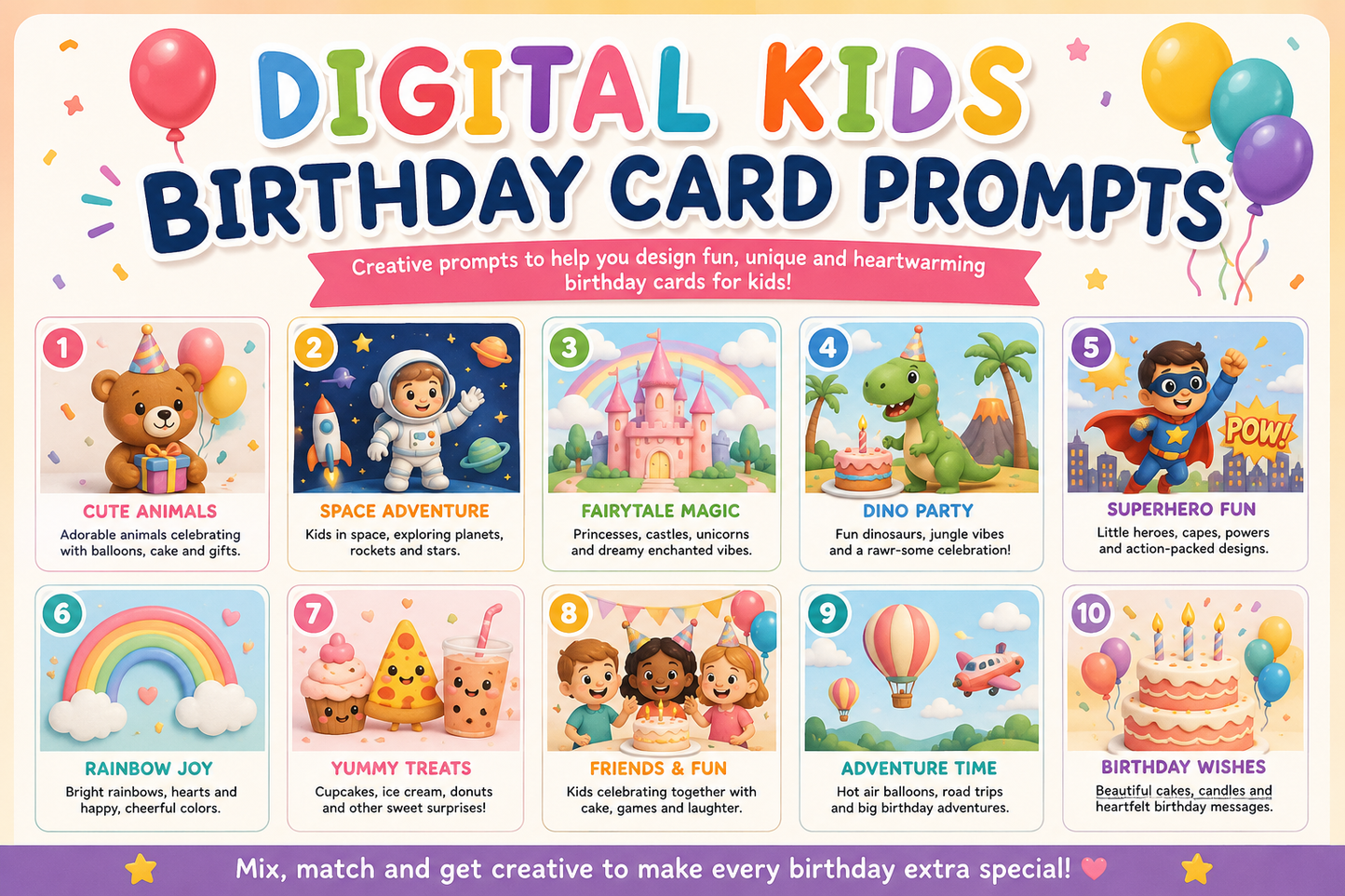 Kids Birthday Card AI Prompt Pack – 25 Printable Greeting Card Prompts