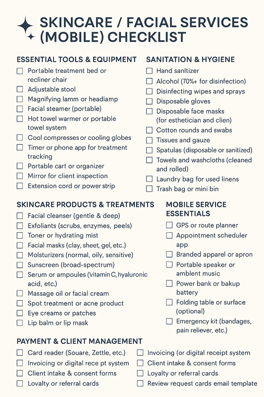 SKINCARE / FACIAL SERVICES (MOBILE) CHECKLIST