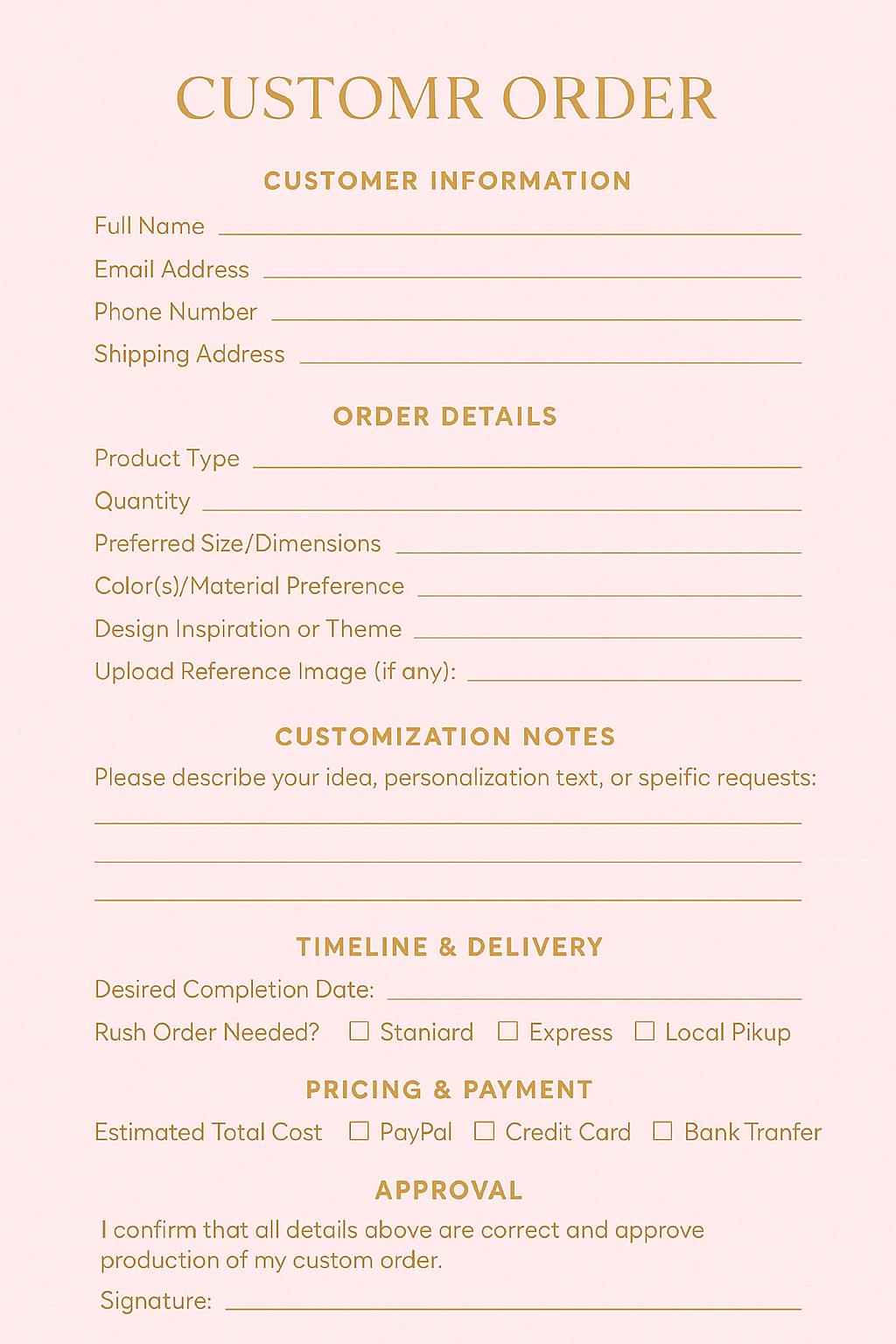 Custom Order Form Template – Printable PDF for Small Business Owners ...