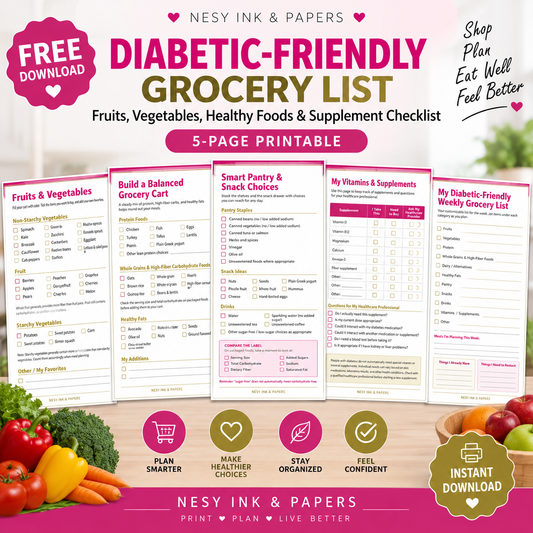 Diabetic-Friendly Grocery List Printable | 5-Page Diabetes Grocery Shopping Planner PDF