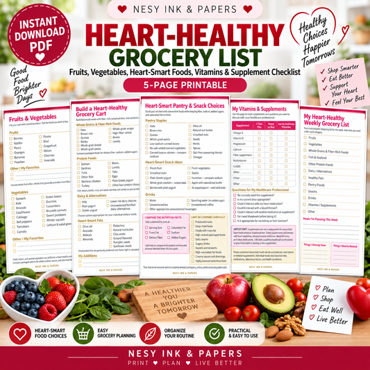 Heart-Healthy Grocery List Printable | 5-Page Heart-Smart Shopping Planner PDF