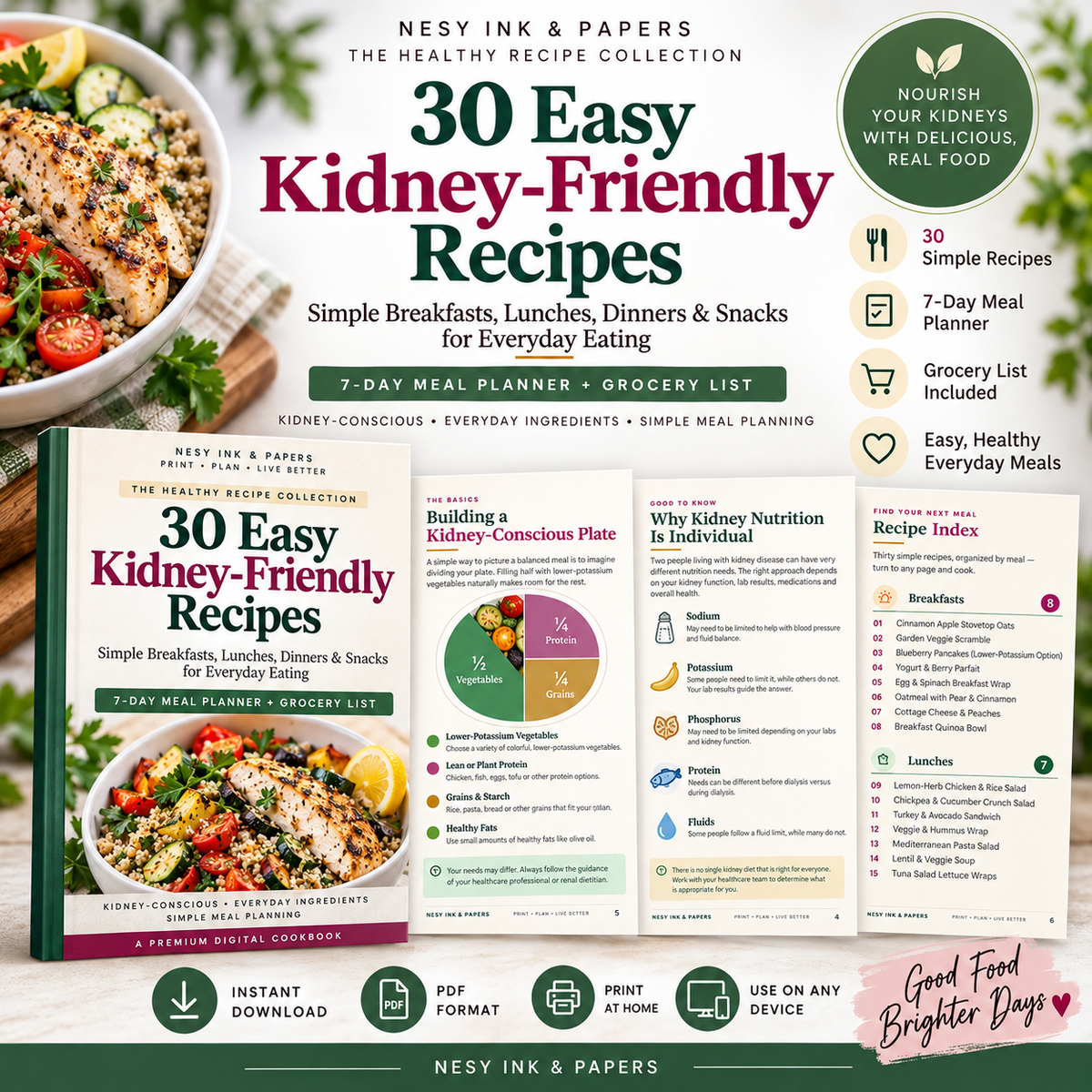 30 Easy Kidney-Friendly Recipes | Kidney-Conscious Cookbook, 7-Day Meal Planner & Grocery List PDF