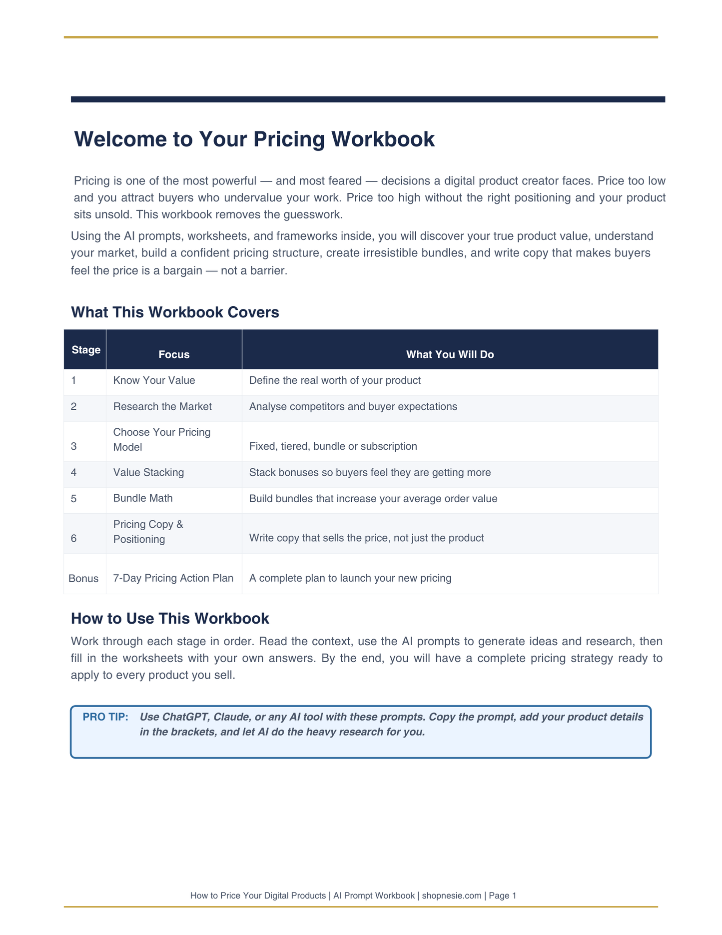 How to Price Your Digital Products – AI Prompt Workbook | Pricing Strategy, Value Stacking & Bundle Math for Digital Creators