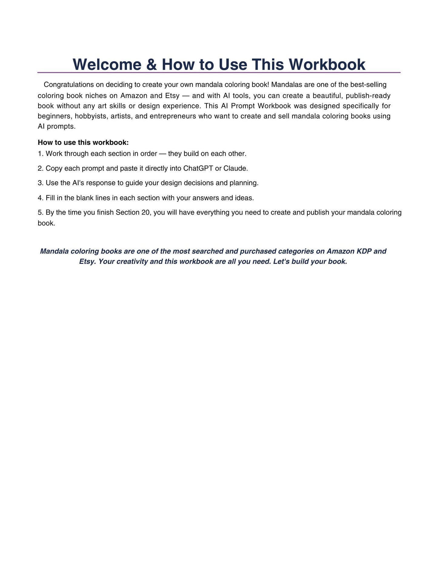 How to Create a Mandala Coloring Book — AI Prompt Workbook | Step-by-Step Creation Guide | Fillable PDF | Design, Theme, Prompts, KDP Publishing & Sales Templates