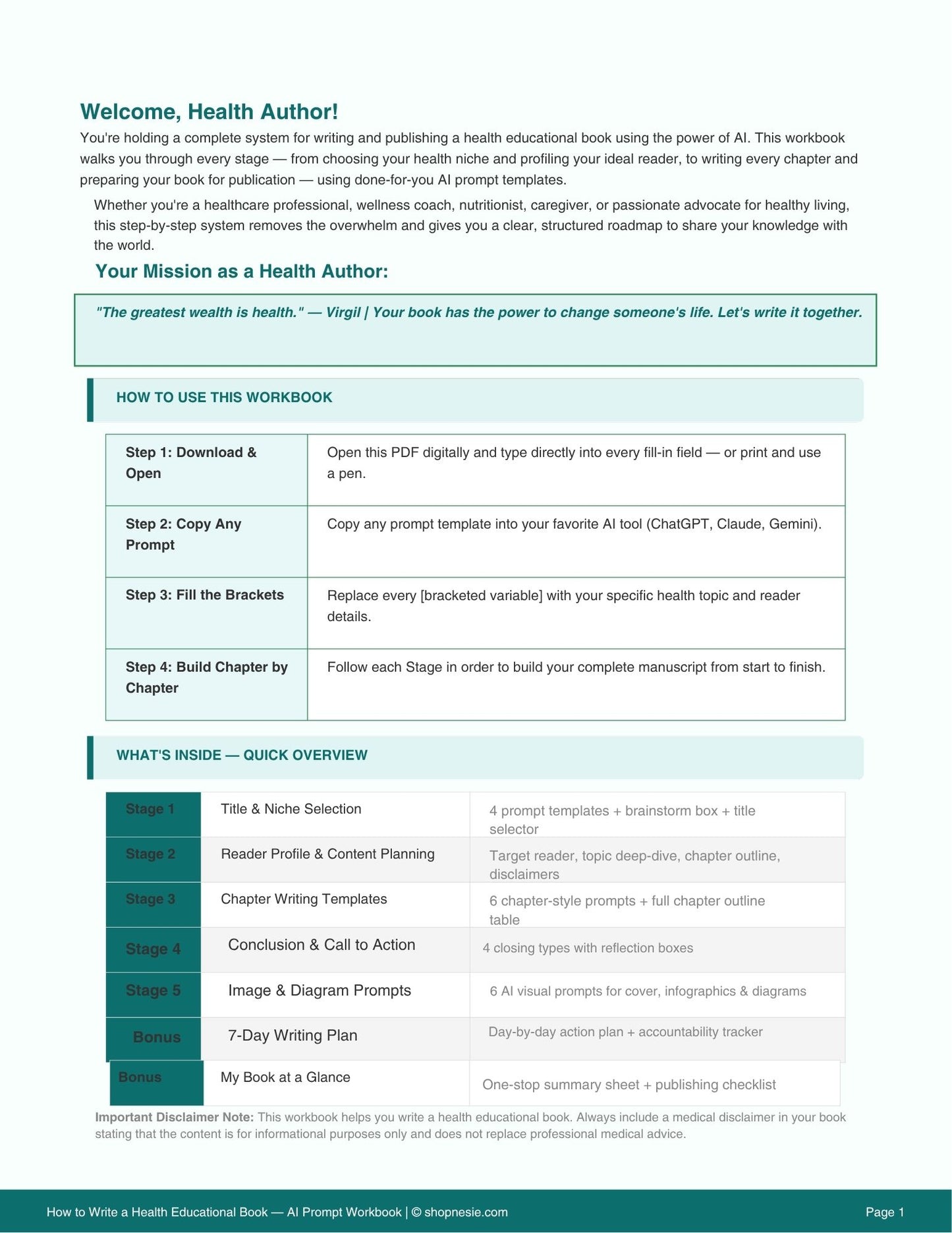 How to Write a Health Educational Book — AI Prompt Workbook | Step-by-Step Writing Guide for Authors | Fillable PDF | Reader Profile, Chapter Templates & Publishing Checklist
