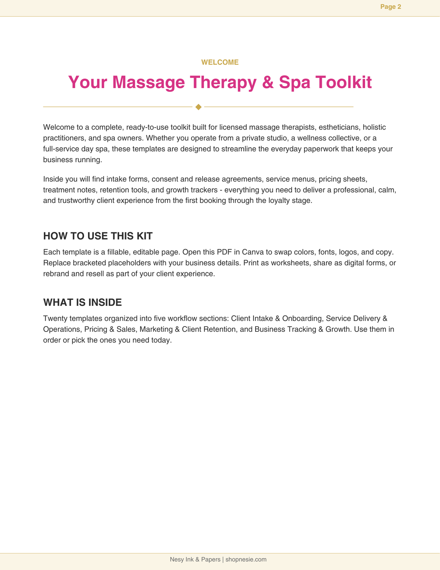 Massage & Spa Business Toolkit | 20 Canva Editable Templates for Massage Therapists, Estheticians & Spa Owners