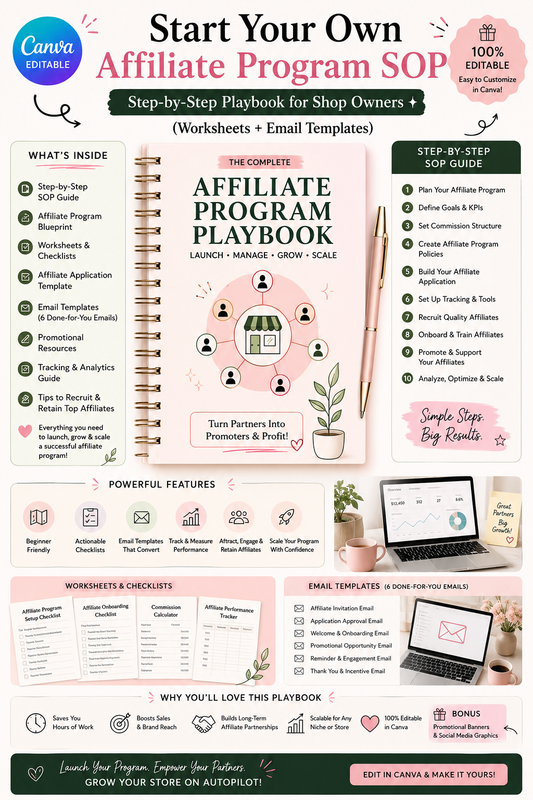 Start Your Own Affiliate Program SOP | Step-by-Step Playbook for Shop Owners (Worksheets + Email Templates)