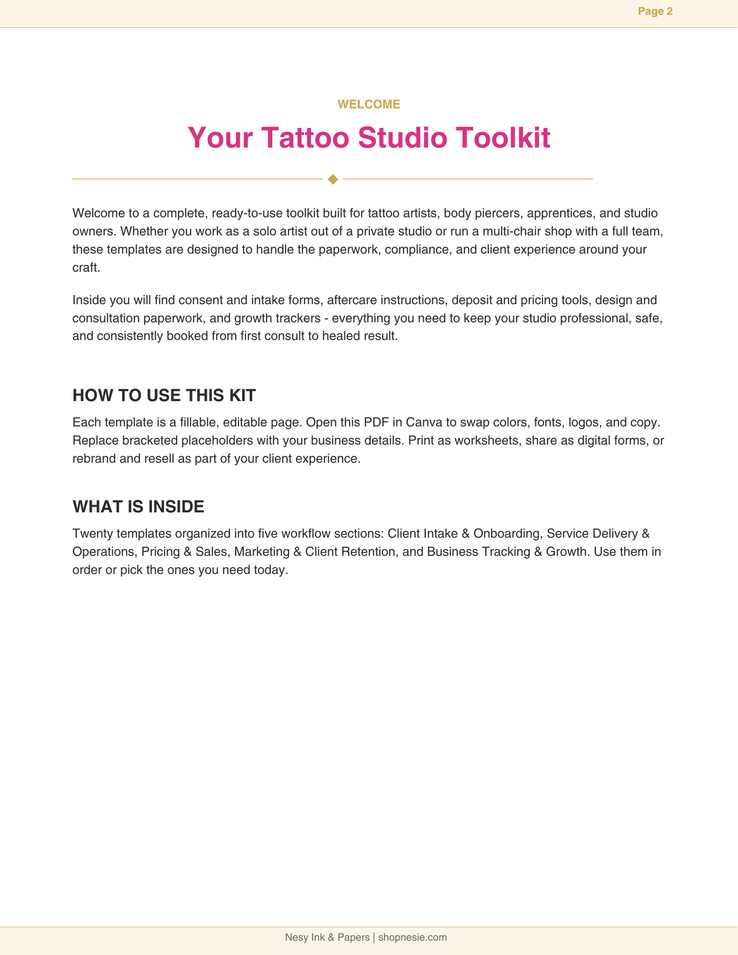 Tattoo Studio Business Toolkit | 20 Canva Editable Templates for Tattoo Artists, Piercers & Studio Owners