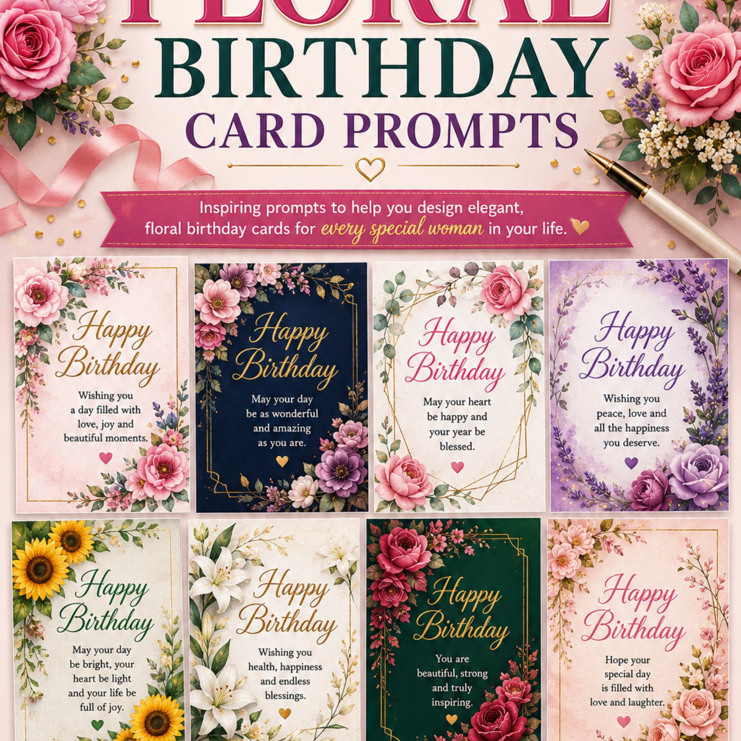 Floral Birthday Card AI Prompt Pack – 25 Prompts to Create Personalized Printable Cards