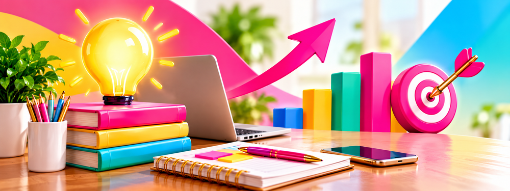 A bright small business workspace with a laptop, planners and growth charts