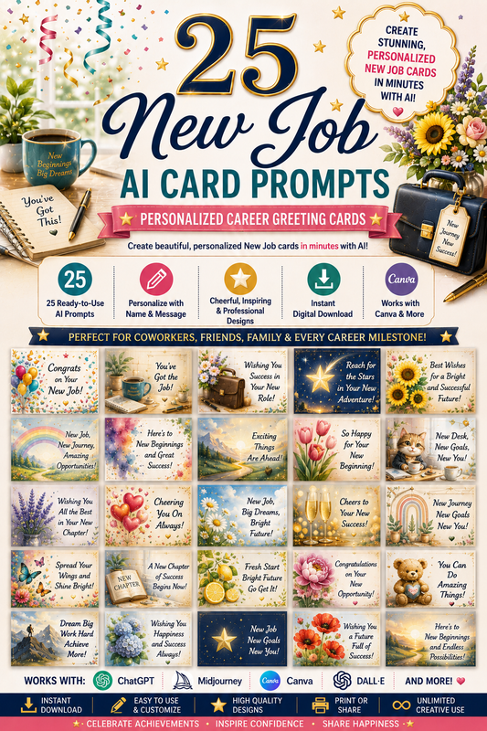 Digital New Job Card Prompts – 25 AI Prompts for Personalized New Job Greeting Cards | Canva, ChatGPT & Midjourney