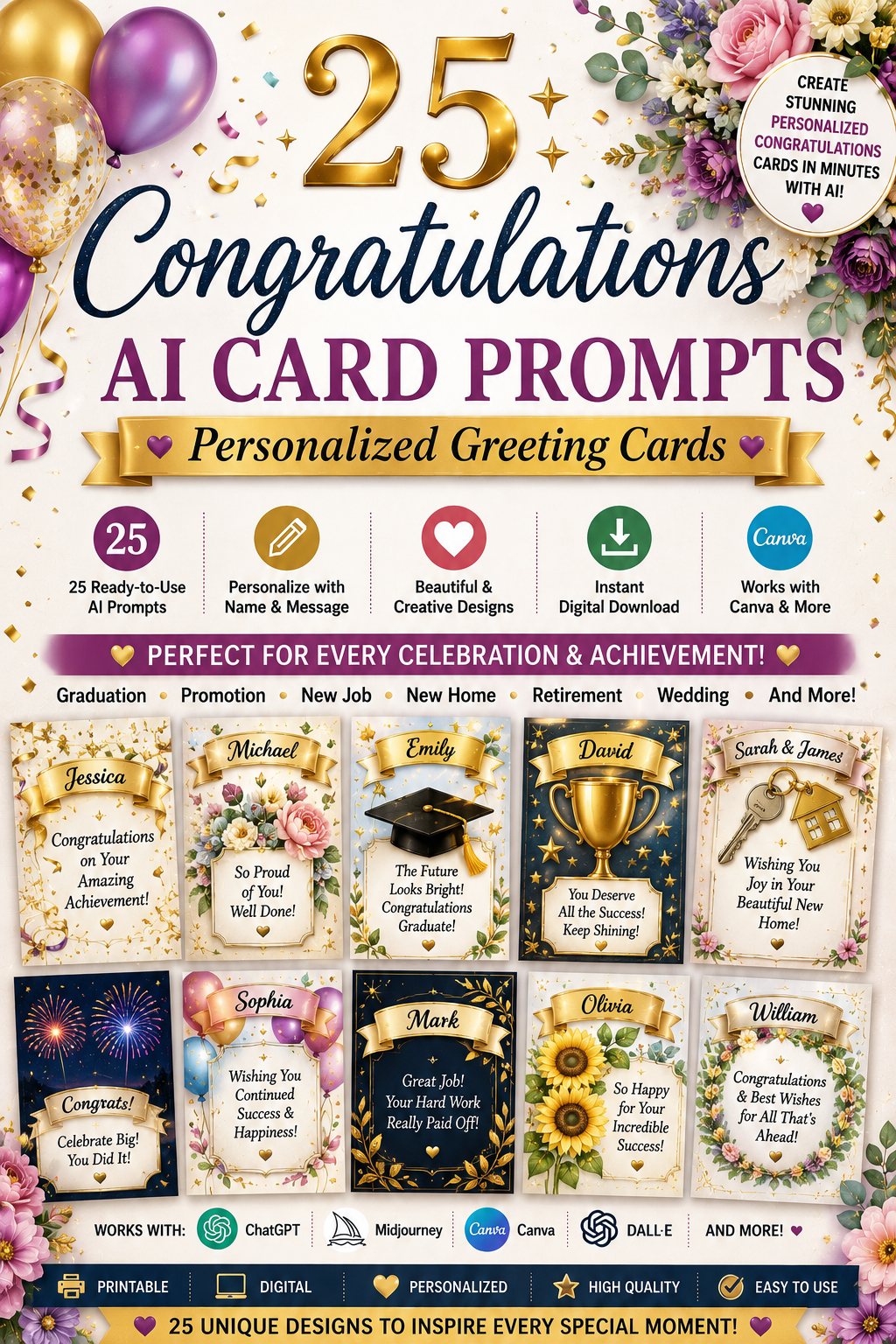 Digital Congratulations Card Prompts – 25 AI Prompts for Personalized Congratulations Greeting Cards | Canva, ChatGPT & Midjourney