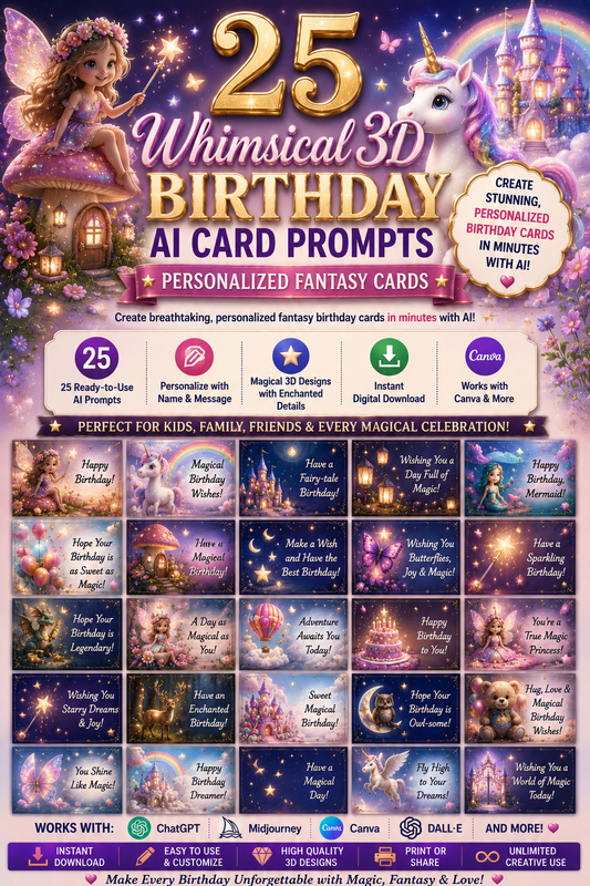 Digital 3D Whimsical Magical Birthday Card Prompts – 25 AI Prompts for Personalized Fantasy Birthday Greeting Cards | Canva, ChatGPT & Midjourney