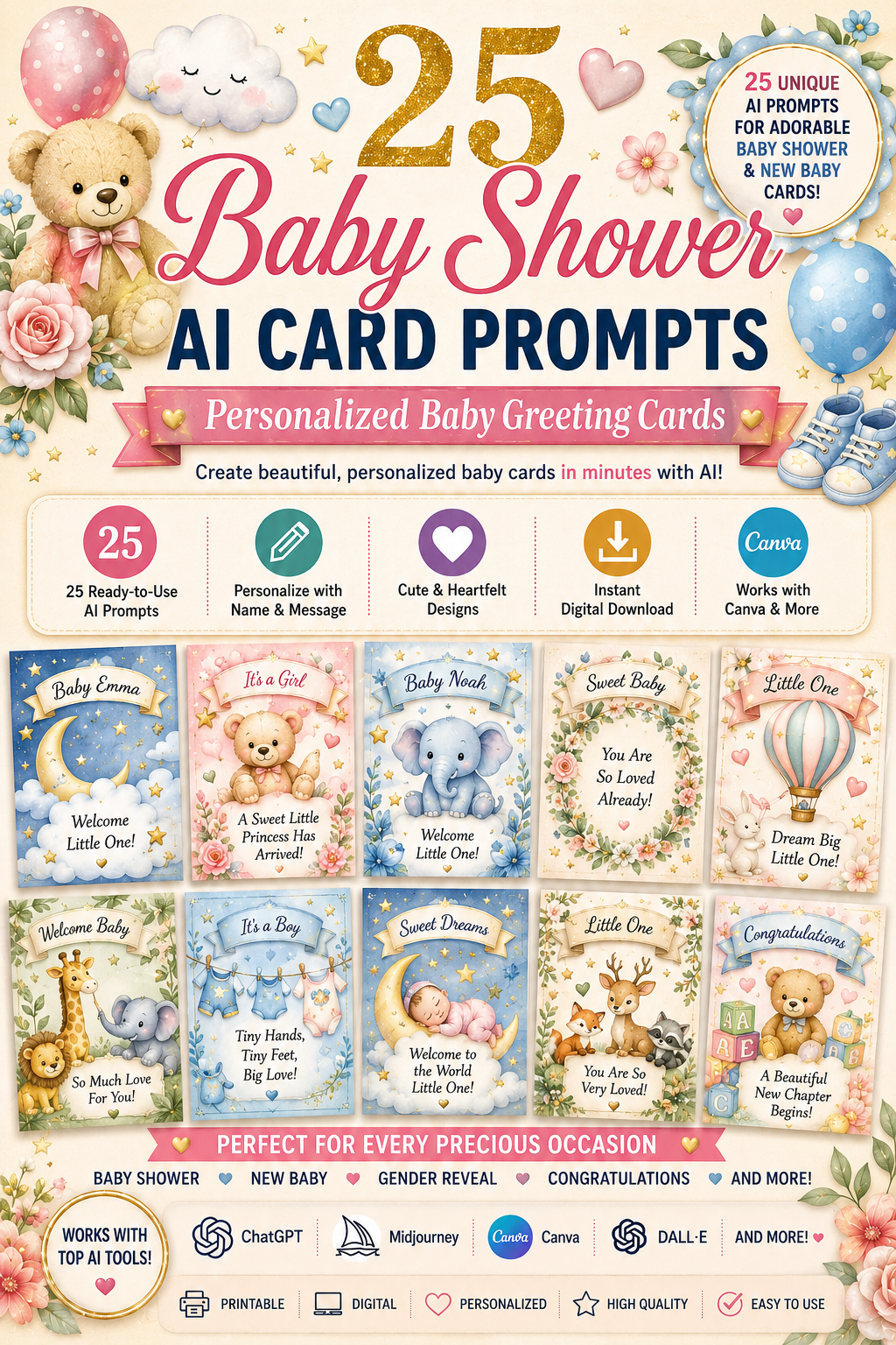 Digital Baby Shower & New Baby Card Prompts – 25 AI Prompts for Personalized Baby Greeting Cards | Canva, ChatGPT & Midjourney