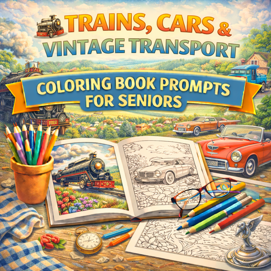 Trains, Cars & Vintage Transport Coloring Book Prompts For Seniors