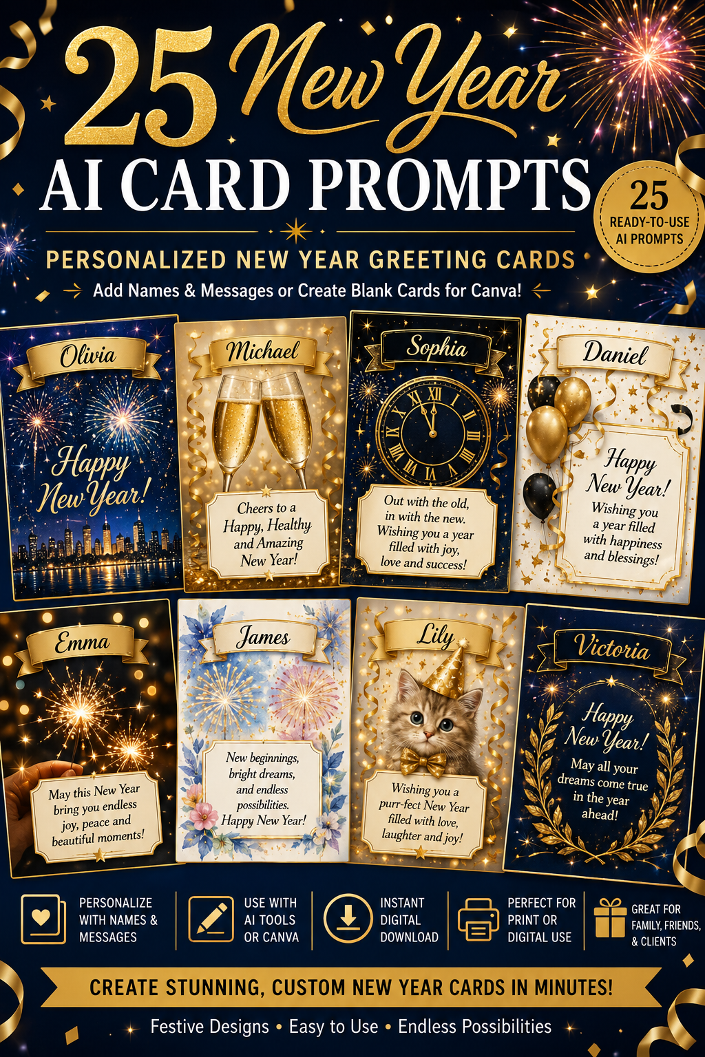 25 New Year AI Card Prompts | Personalized New Year Greeting Cards | ChatGPT, Midjourney & Canva Holiday Card Templates