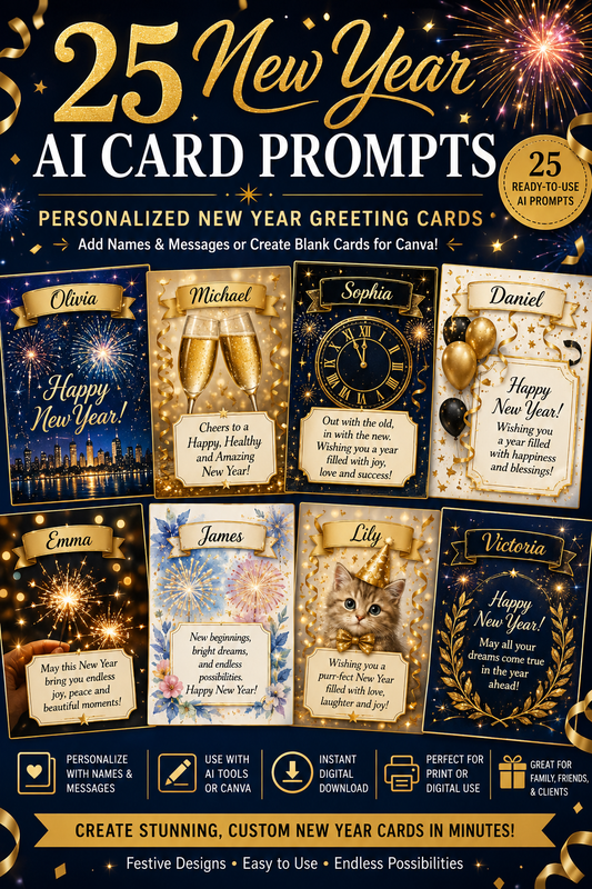 25 New Year AI Card Prompts | Personalized New Year Greeting Cards | ChatGPT, Midjourney & Canva Holiday Card Templates