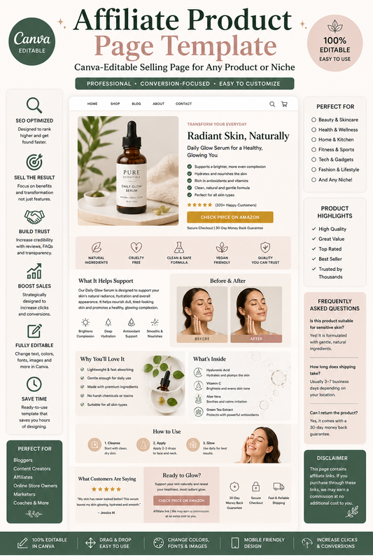 Affiliate Product Page Template | Canva-Editable Selling Page for Any Product or Niche