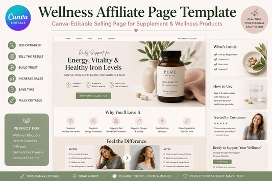 Wellness Affiliate Page Template | Canva-Editable Selling Page for Supplement & Wellness Products