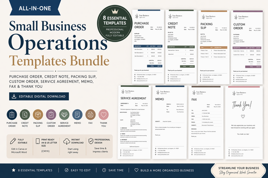 Small Business Operations Templates Bundle | Purchase Order, Credit Note, Packing Slip, Custom Order, Service Agreement, Memo, Fax & Thank You – Editable Digital Download