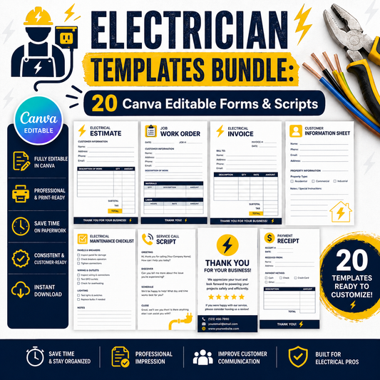 Electrician Templates Bundle: 20 Canva Editable Forms & Scripts