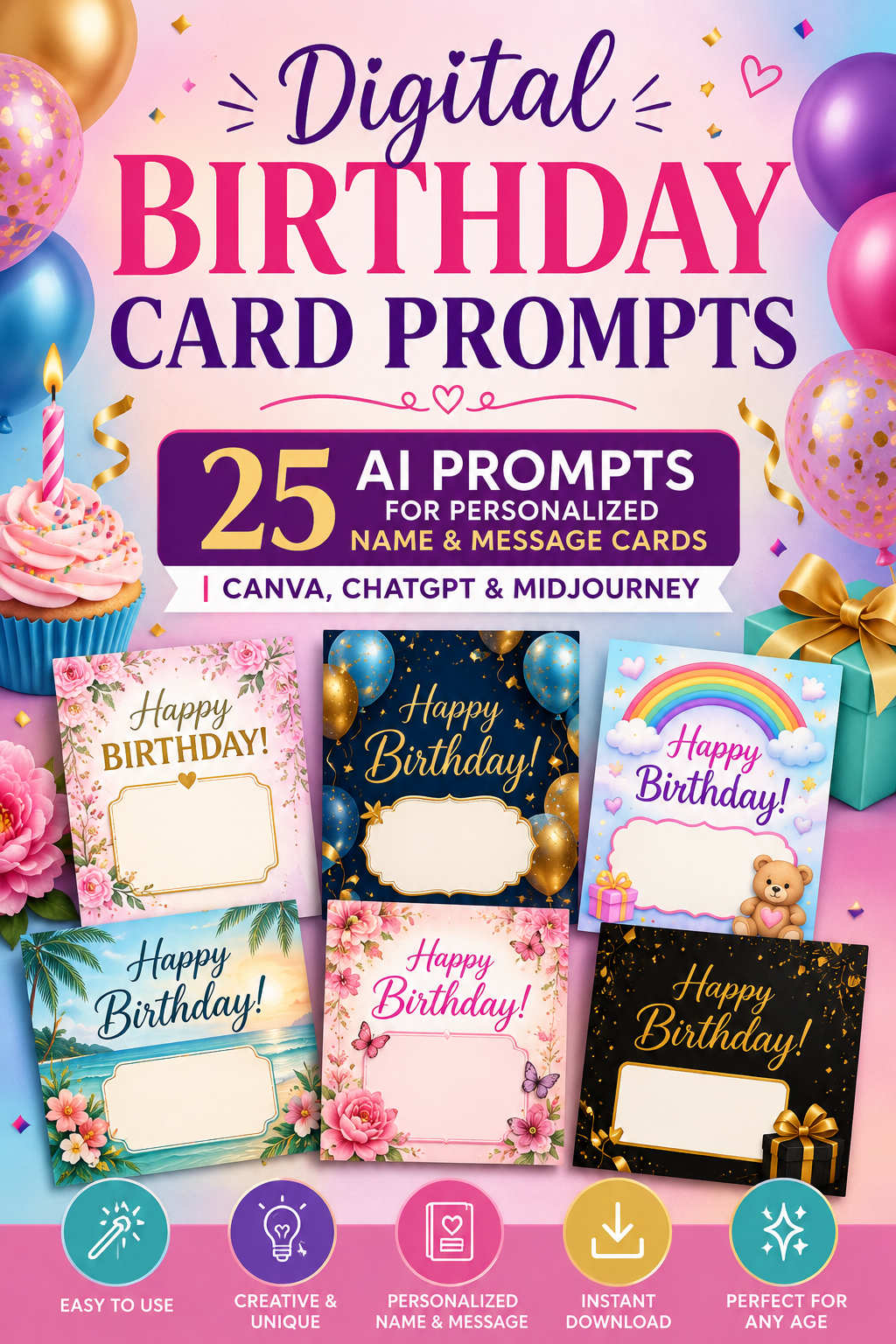 Digital Birthday Card Prompts – 25 AI Prompts for Personalized Name & Message Cards | Canva, ChatGPT & Midjourney