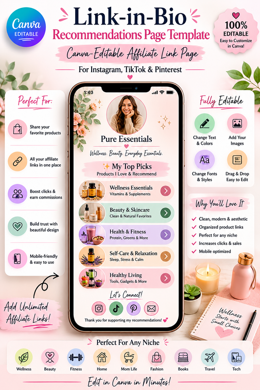 Link-in-Bio Recommendations Page Template | Canva-Editable Affiliate Link Page for Instagram, TikTok & Pinterest
